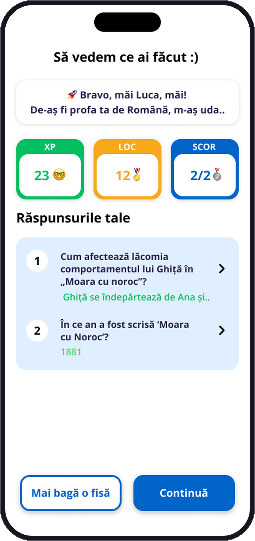 Rezultatele unui quiz în BacUp
